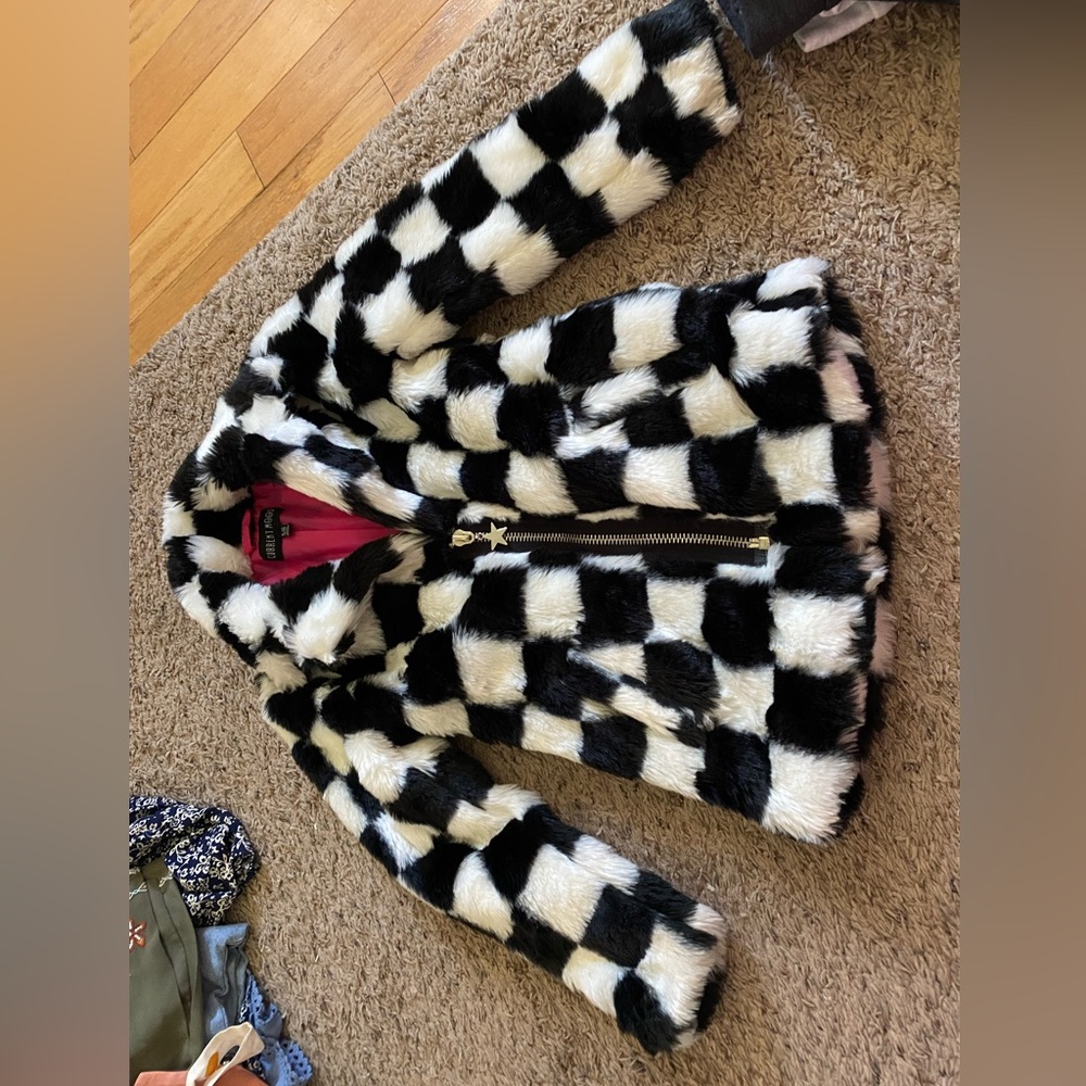 Kids black and white checkered fur jacket